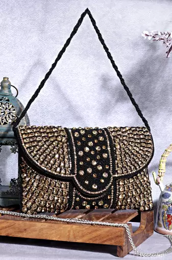 black zari handcrafted clutch bag with dual strap luxury