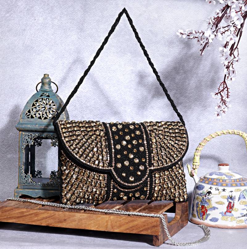 Osty nysa luxury handcrafted zari clutch bag with dual strap for wedding & parties-black