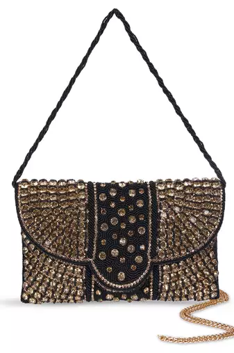 black zari handcrafted clutch bag with dual strap luxury