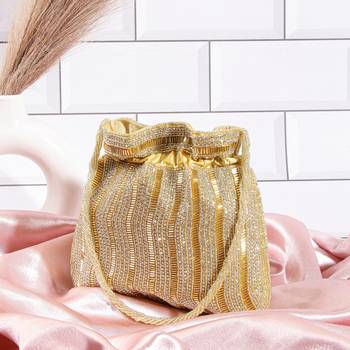 Luxury handcrafted bridal potli bag for women - golden glam embellished zari beaded purse-gold 1
