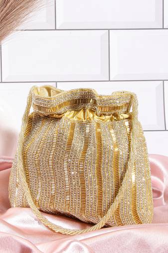 Luxury handcrafted bridal potli bag for women - golden glam embellished zari beaded purse-gold