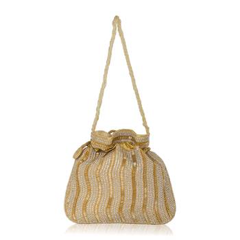 Luxury handcrafted bridal potli bag for women - golden glam embellished zari beaded purse-gold 2
