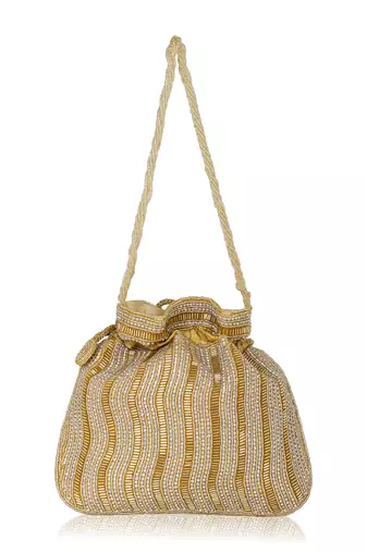 Luxury handcrafted bridal potli bag for women - golden glam embellished zari beaded purse-gold