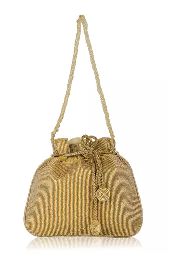 Luxury handcrafted bridal potli bag for women - golden glam embellished zari beaded purse-gold