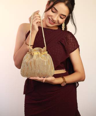 Luxury handcrafted bridal potli bag for women - golden glam embellished zari beaded purse-gold 4
