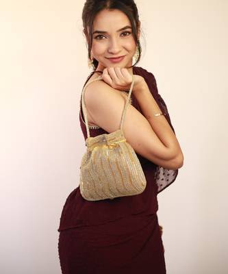 Luxury handcrafted bridal potli bag for women - golden glam embellished zari beaded purse-gold 5