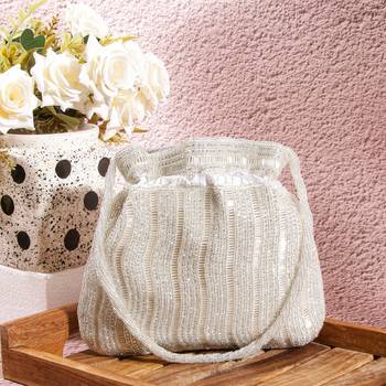 Luxury handcrafted bridal potli bag for women - golden glam embellished zari beaded purse-silver 1