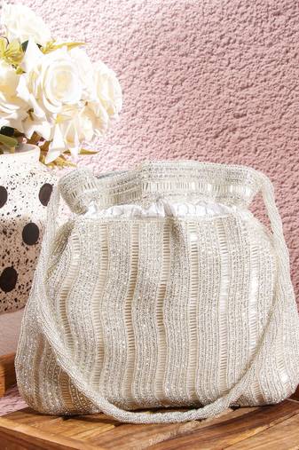 Luxury handcrafted bridal potli bag for women - golden glam embellished zari beaded purse-silver