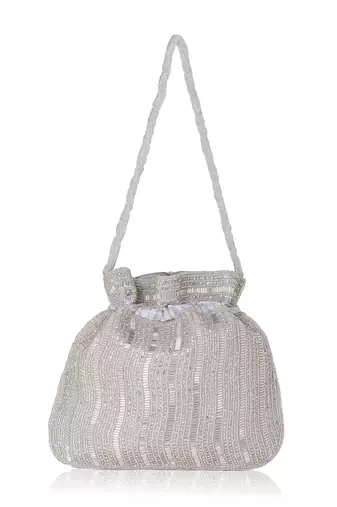 Luxury handcrafted bridal potli bag for women - golden glam embellished zari beaded purse-silver