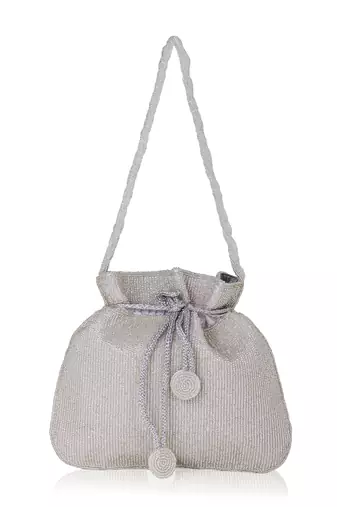 Luxury handcrafted bridal potli bag for women - golden glam embellished zari beaded purse-silver
