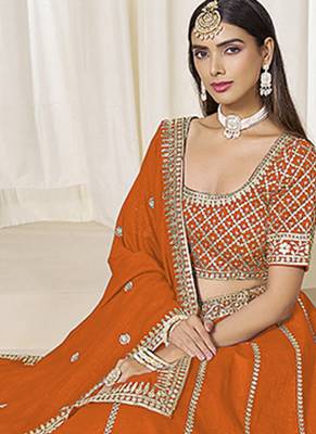 Orange Art silk blend Embroidered Lehenga Choli Set 2