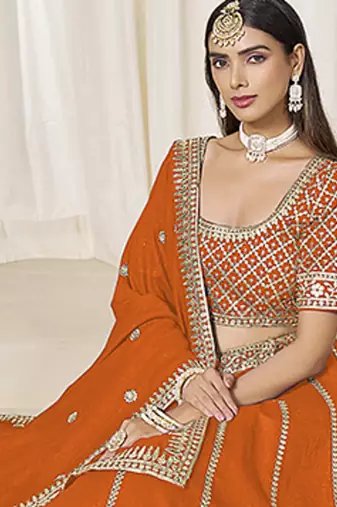 Orange Art silk blend Embroidered Lehenga Choli Set