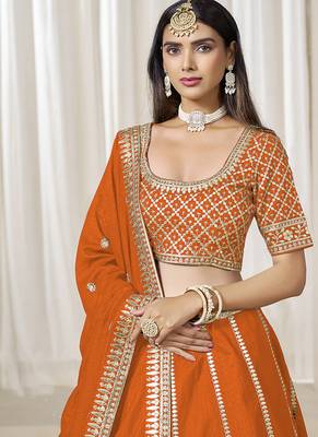 Orange Art silk blend Embroidered Lehenga Choli Set 4