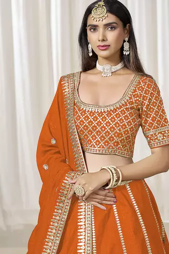 Orange Art silk blend Embroidered Lehenga Choli Set