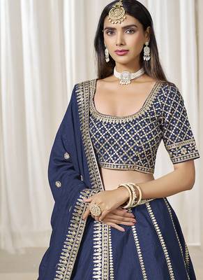 Navy Blue Art silk blend Embroidered Lehenga Choli Set 4