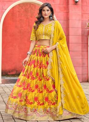 Yellow Printed With Embroidered Taby silk blend Lehenga Choli 1