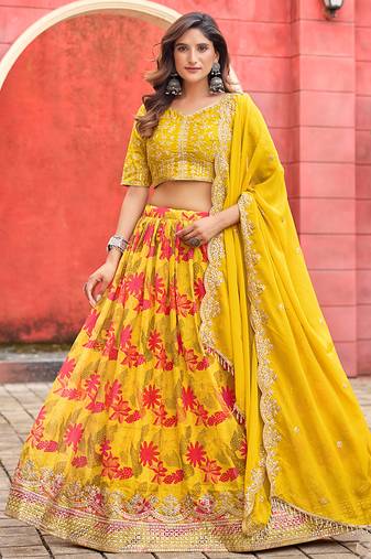 Yellow Printed Embroidered Taby Silk Trendy Lehenga Choli