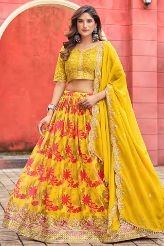 Yellow Printed Embroidered Taby Silk Trendy Lehenga Choli