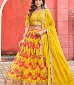 Yellow Printed Embroidered Taby Silk Trendy Lehenga Choli