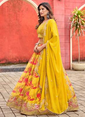 Yellow Printed With Embroidered Taby silk blend Lehenga Choli 2