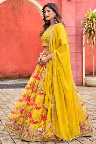 Yellow Printed With Embroidered Taby silk blend Lehenga Choli