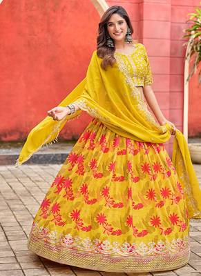 Yellow Printed With Embroidered Taby silk blend Lehenga Choli 3