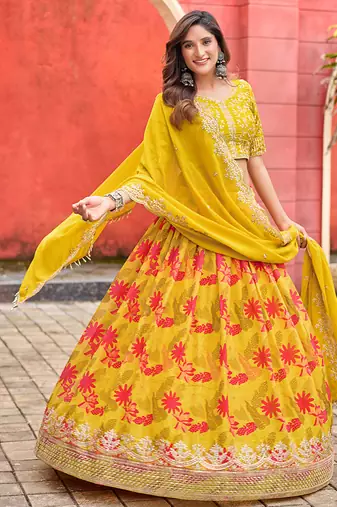 Yellow Printed With Embroidered Taby silk blend Lehenga Choli