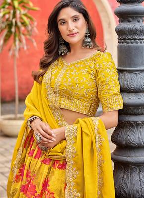 Yellow Printed With Embroidered Taby silk blend Lehenga Choli 4