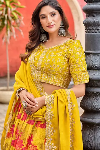 Yellow Printed With Embroidered Taby silk blend Lehenga Choli