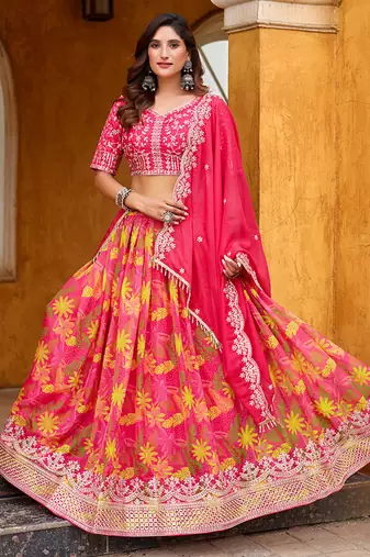 Hot Pink Printed Embroidered Taby Silk Trendy Lehenga Choli