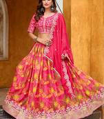 Hot Pink Printed Embroidered Taby Silk Trendy Lehenga Choli