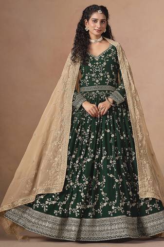 Dark green faux georgette embroidered wedding anarkali style gown