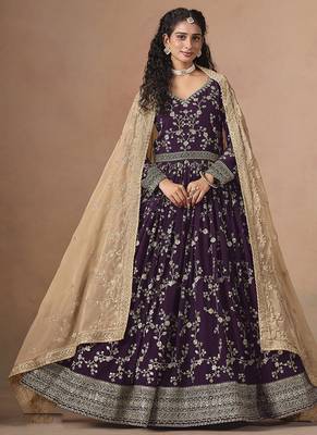 Dark purple faux georgette embroidered anarkali style gown 1
