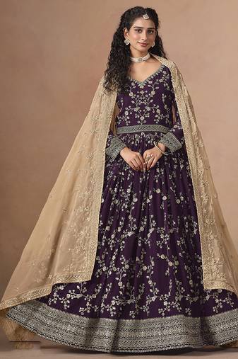 Dark purple faux georgette embroidered wedding anarkali style gown