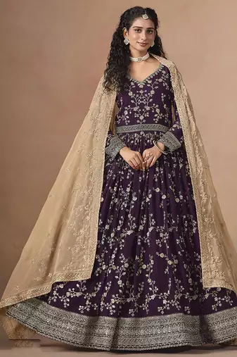 Dark purple faux georgette embroidered wedding anarkali style gown