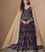 Dark purple faux georgette embroidered wedding anarkali style gown