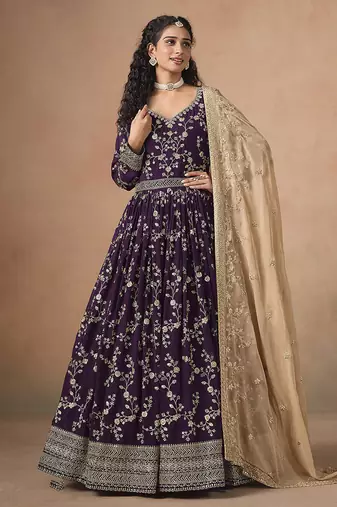 Dark purple faux georgette embroidered anarkali style gown