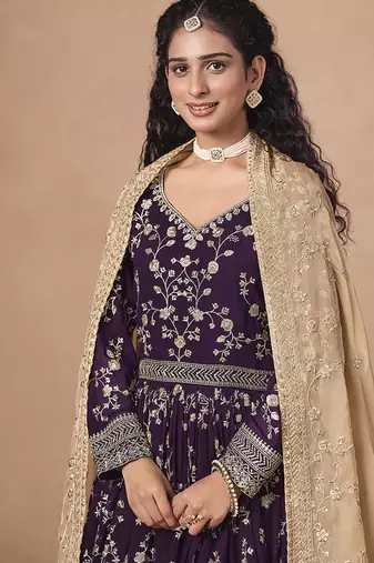 Dark purple faux georgette embroidered anarkali style gown
