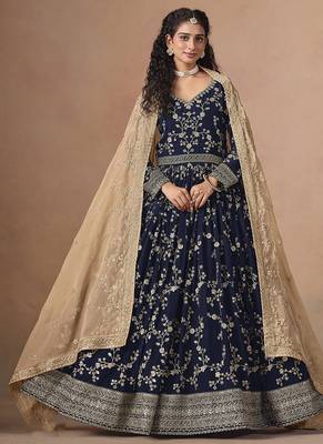 Navy blue faux georgette embroidered anarkali style gown 1