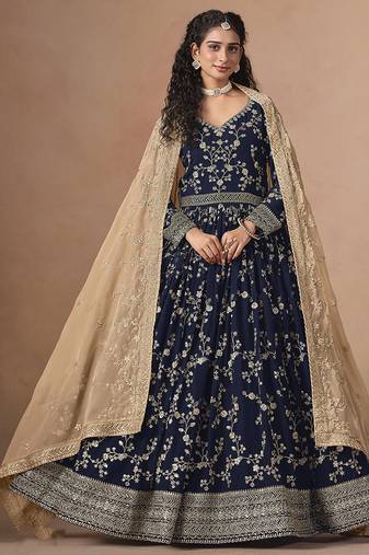 Navy blue faux georgette embroidered wedding anarkali style gown