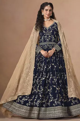 Navy blue faux georgette embroidered wedding anarkali style gown