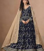 Navy blue faux georgette embroidered wedding anarkali style gown