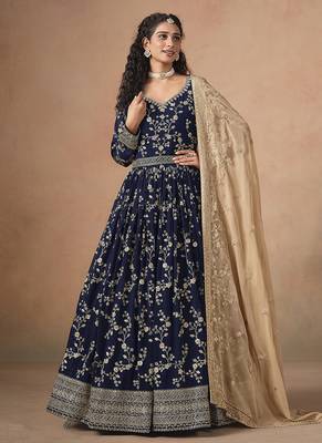 Navy blue faux georgette embroidered anarkali style gown 2