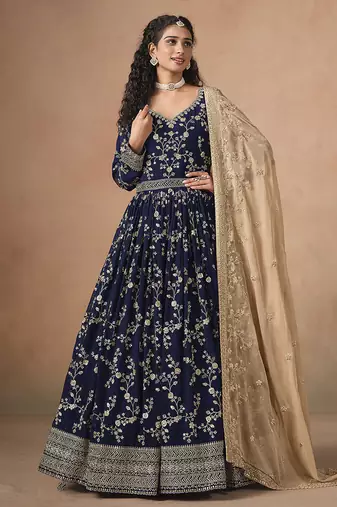Navy blue faux georgette embroidered anarkali style gown
