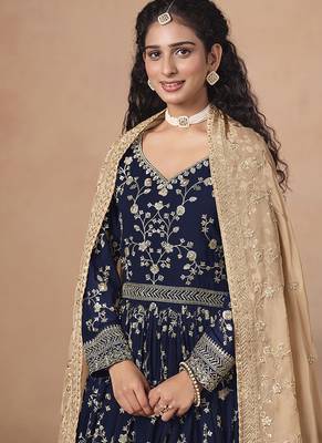 Navy blue faux georgette embroidered anarkali style gown 3