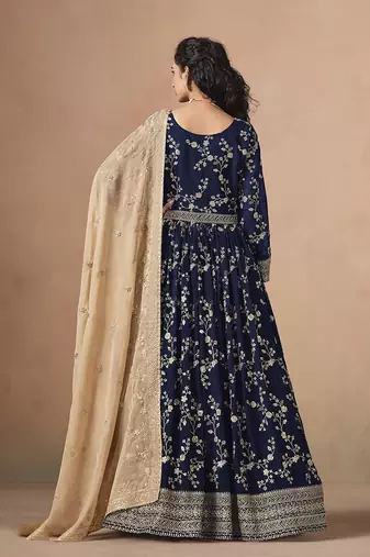 Navy blue faux georgette embroidered anarkali style gown