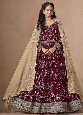 Maroon faux georgette embroidered anarkali style gown 1