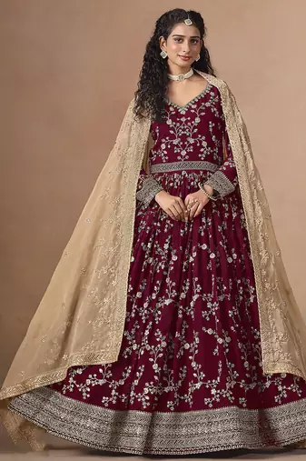 Maroon faux georgette embroidered wedding anarkali style gown