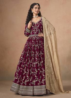 Maroon faux georgette embroidered anarkali style gown 2