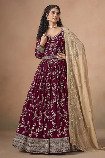 Maroon faux georgette embroidered anarkali style gown